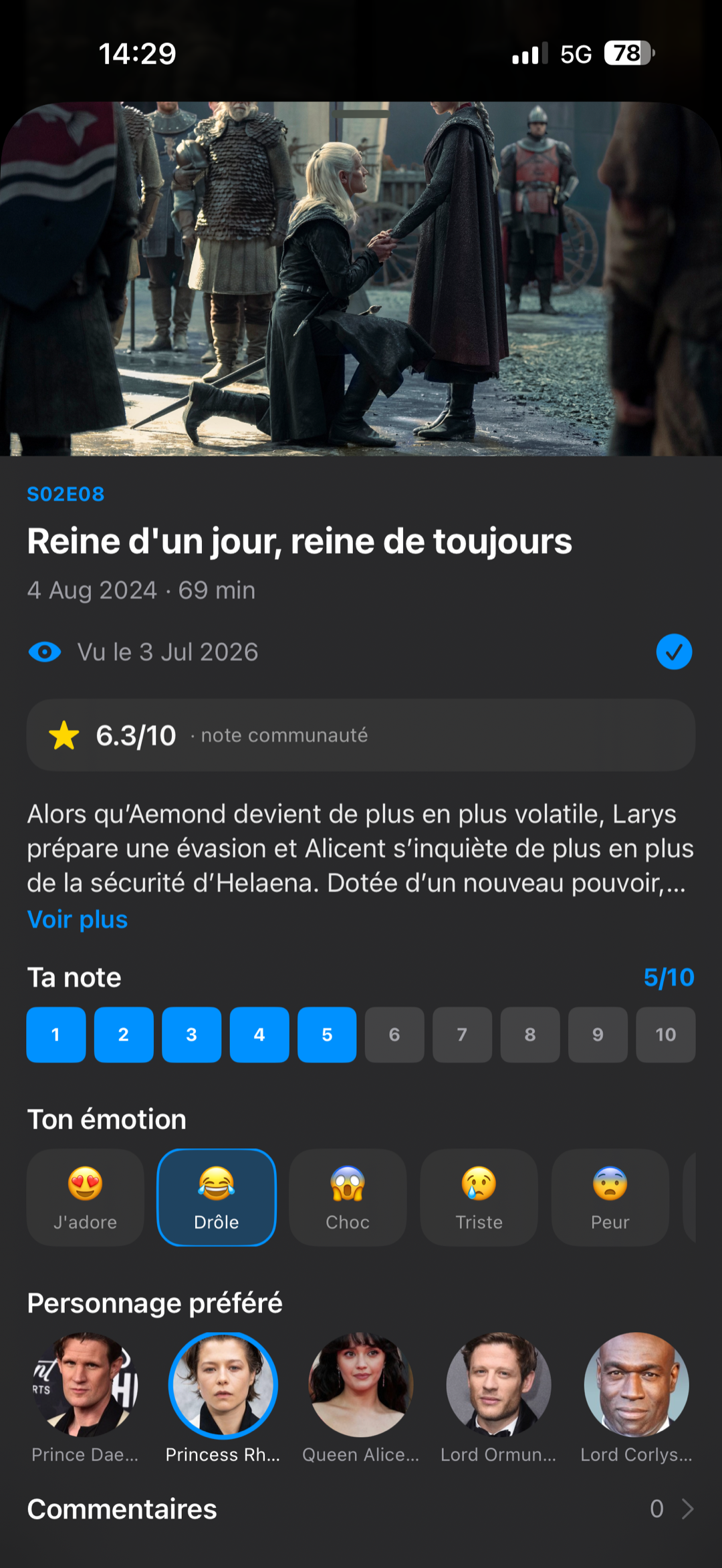 Suite's episode page, where you rate it, pick an emotion and a favorite character.