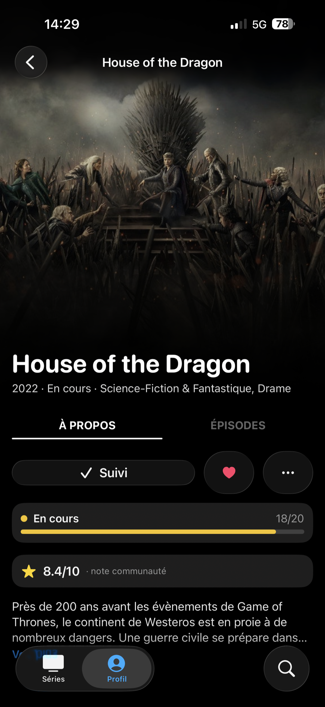 Suite's show page, with a colored progress bar and the community rating.